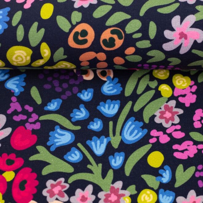 French Terry Malibou Flowers dunkelblau