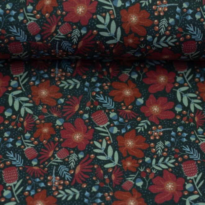 Vorbestellung Modaljersey Just Flowers anthrazit/rot