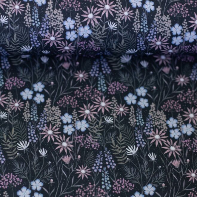 Baumwollwebware Calais Blumen petrol/pink/rosa