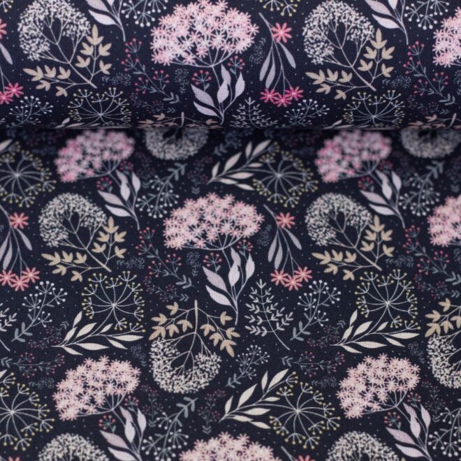 Baumwollwebware Calais Blumen petrol/pink/rosa