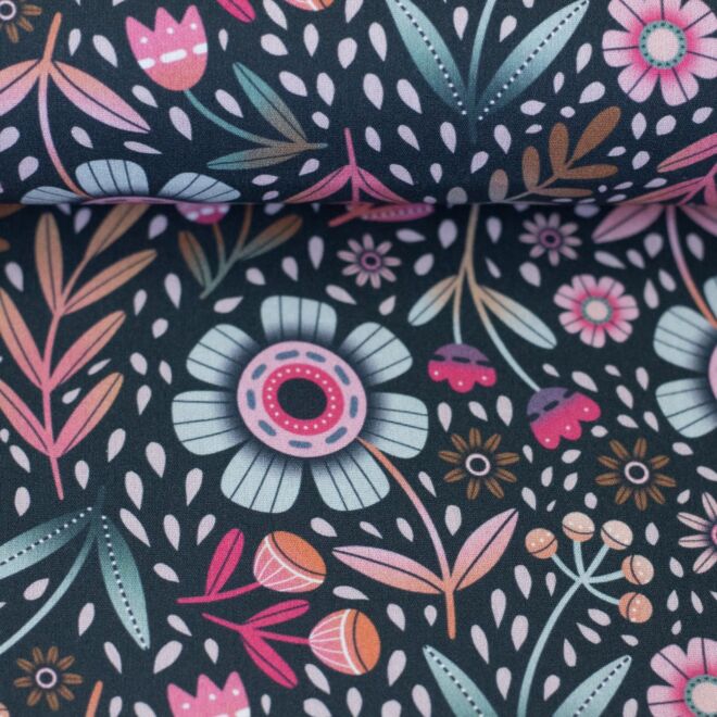 Baumwollwebware Calais Blumen petrol/pink/rosa