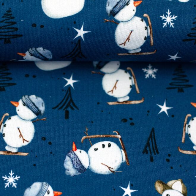 Kuschelsweat Winterwonderland Schneemänner jeansblau
