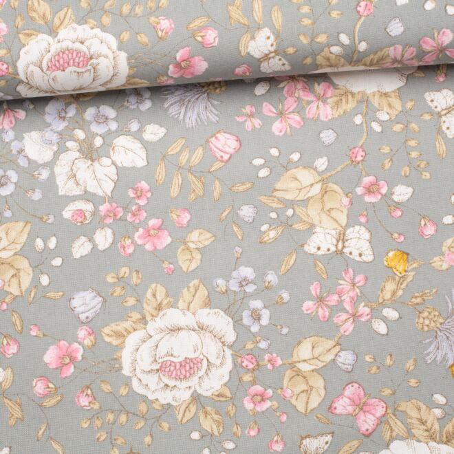 Dekostoff/Canvas Butterfly & Flowers grau