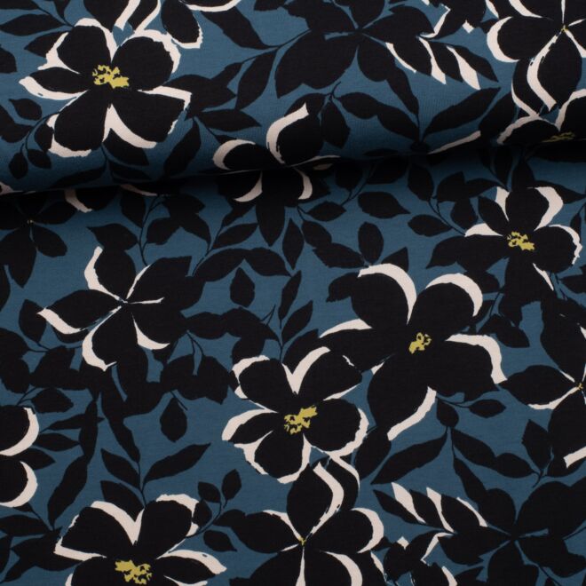 Jersey Black Flowers petrol