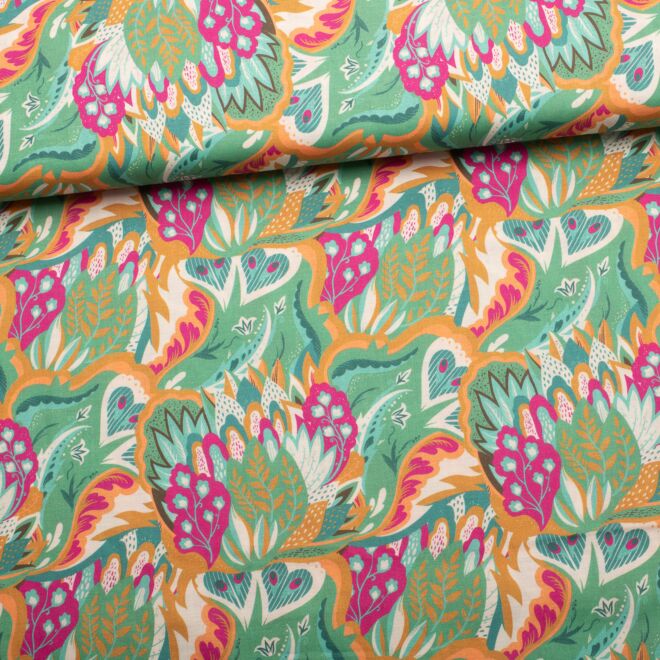 Baumwoll-Voile "Abstract Leaves" pink/türkis