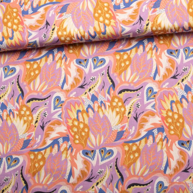 Baumwoll-Voile "Abstract Leaves" flieder