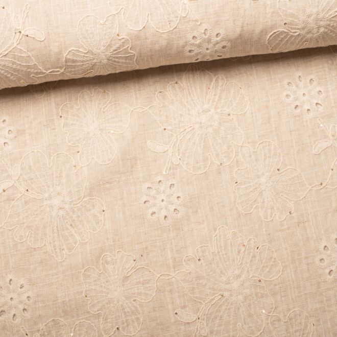 Leinen-Viskose mit Stickerei „Blumen“ sand