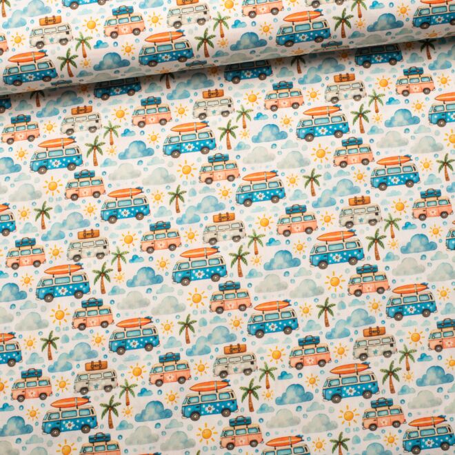 Baumwollwebware Camperbus Holidays weiß