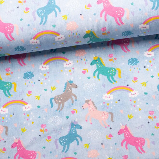 French Terry Unicorn & Rainbows hellblau