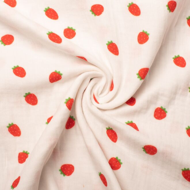Double Slub Musselin Erdbeeren weiß