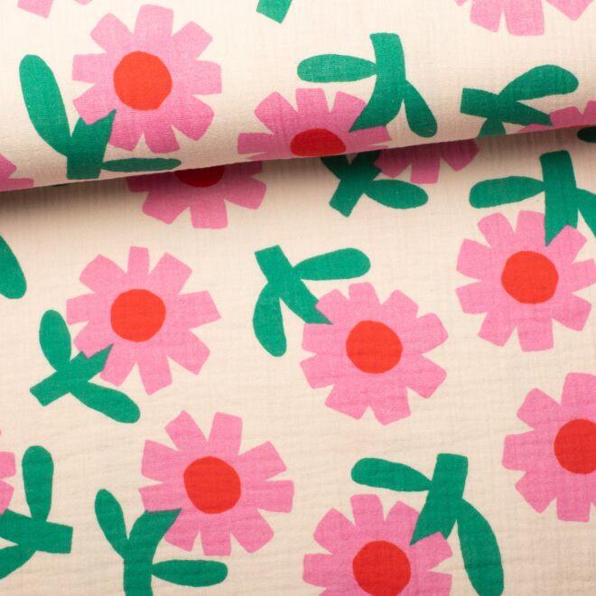 Bio-Musselin "Flowers" natur/rosa by Jennifer Bouron