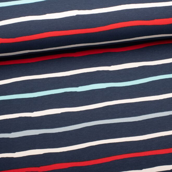 French Terry Sharks Stripes rot/blau/ecru