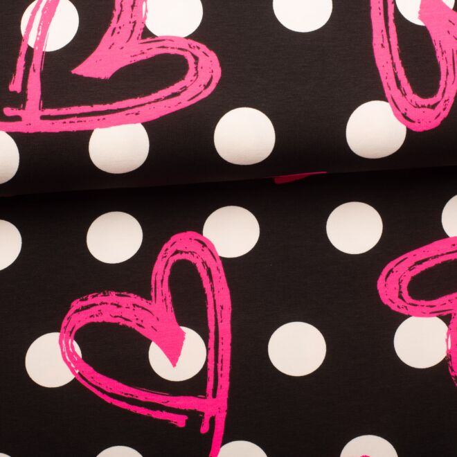 French Terry Dots Neon Hearts schwarz