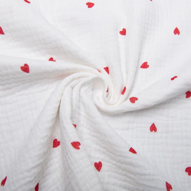 Musselin „Mini Red Hearts“ weiß