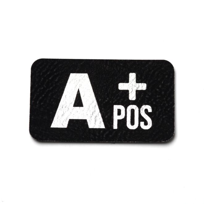 Kunstlederlabel Blutgruppe A+ (schwarz/silber)