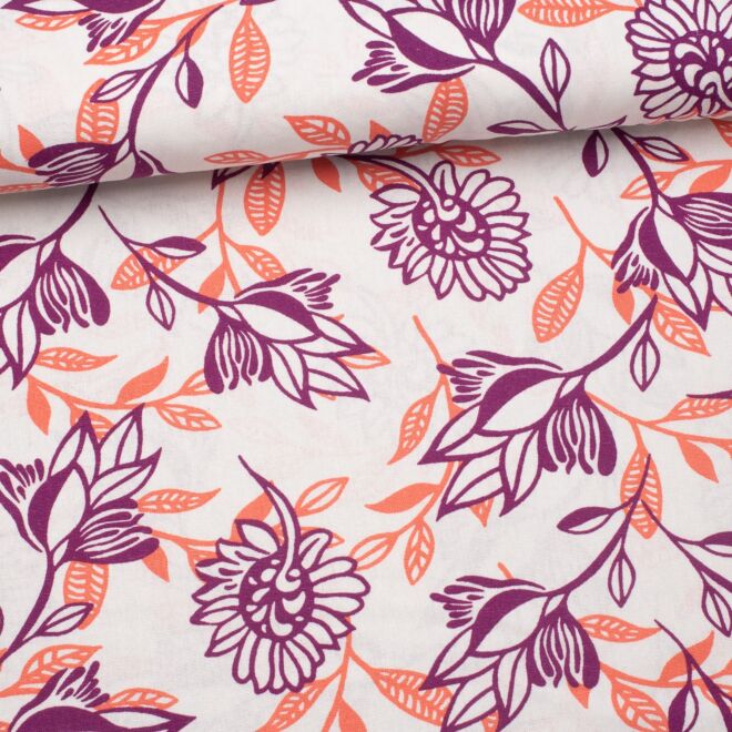 Viskose-Leinen Two-Tone Flowers ecru/bordeaux/koralle