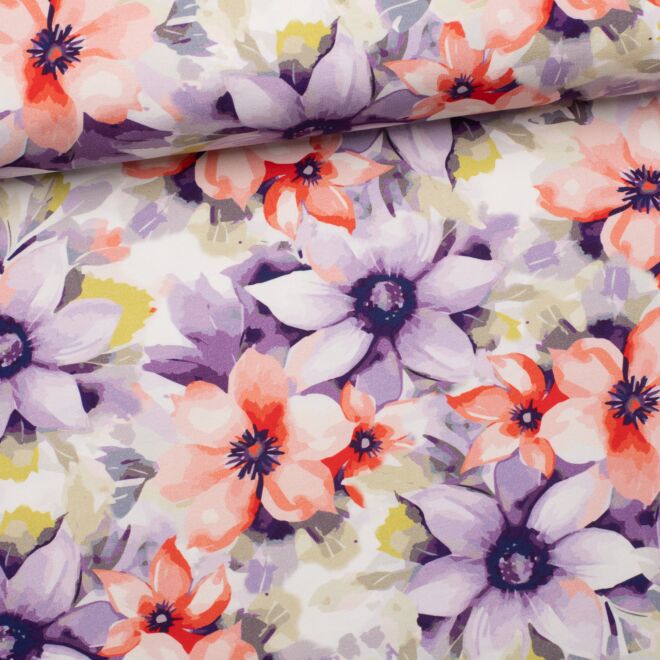 Flora Baumwolljersey – Lila & Koralle