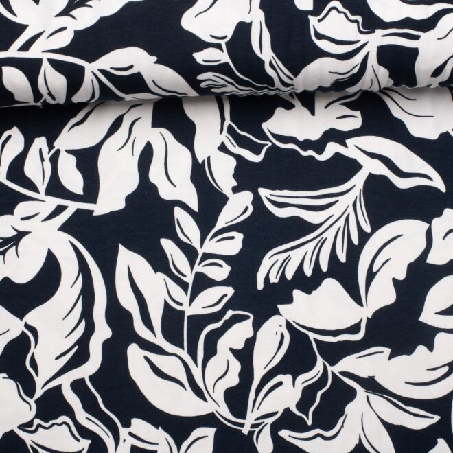 Viskosejersey Big White Flowers dunkelblau