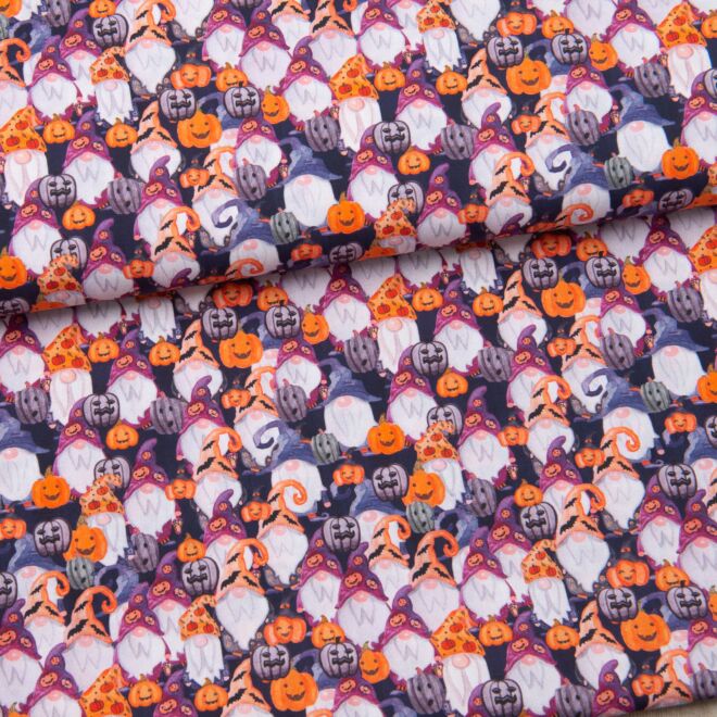 Baumwollwebware "Halloween" Wichtel mit Kürbissen