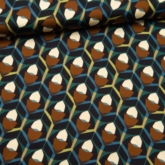 Viskose-Satin Retro Blocks schwarz/türkis