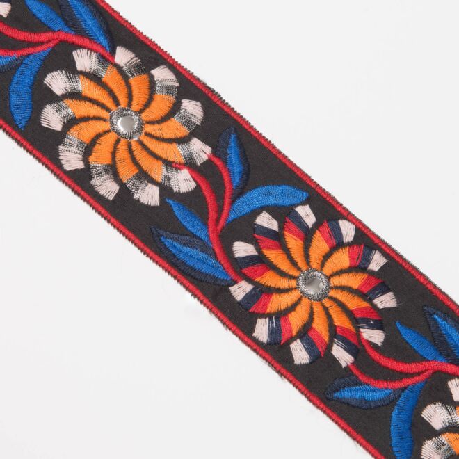 55mm Webband bestickt "Spiegelblumen" schwarz/orange 