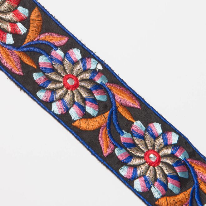 55mm Webband bestickt "Spiegelblumen" schwarz/beige