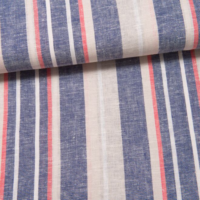 Leinen-Viskose Denim-Stripes blau/beige/rot