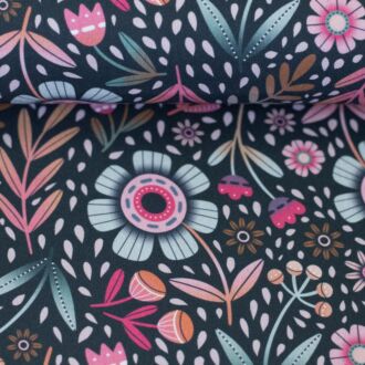 Baumwollwebware Calais Blumen petrol/pink/rosa