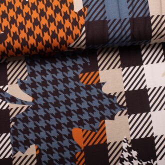 Hahnentritt Ahorn auf Karo Jersey beige/orange/blau