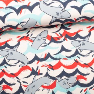 French Terry Sharks ecru/blau