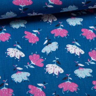 Musselin Bunte Blumen auf königsblau